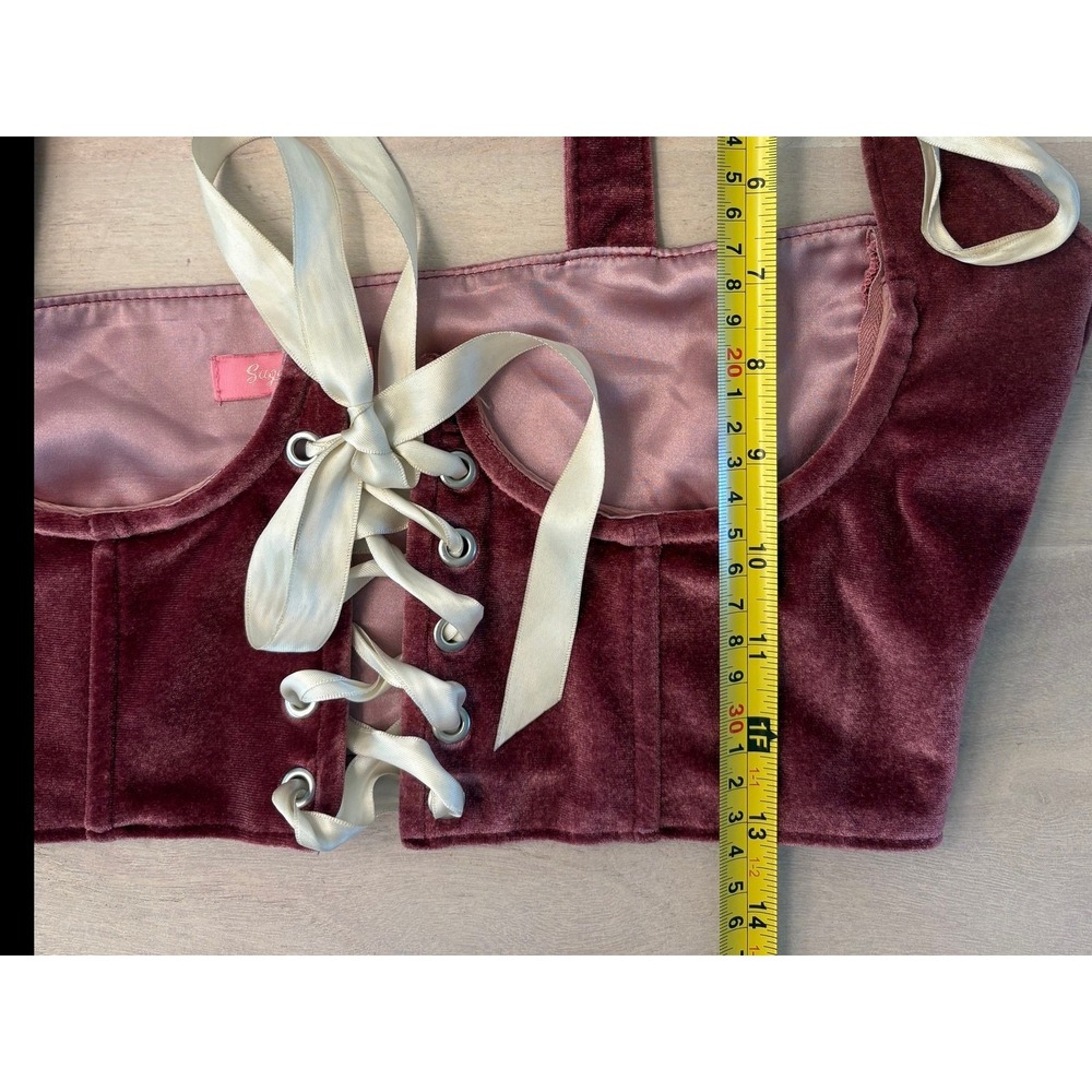 Sugar Trill Burgundy Velvet Corset Bustier Crop Top Ivory Ribbon LaceUp S - Picture 3 of 12